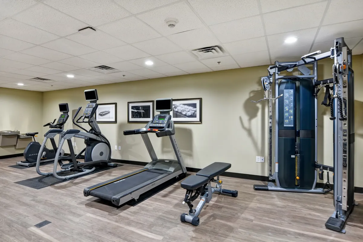 A modern, well-equipped fitness center with a range of cardio machines, weight bench, and multi-gym machine. The space is bright, clean, and designed for both solo and group workouts, reflecting a motivating and focused environment.